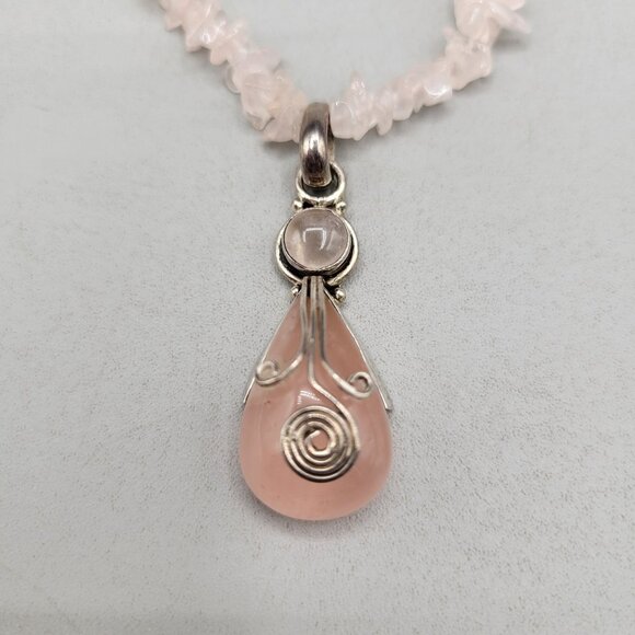 Rose Quartz Chip Bead Necklace Quartz Teardrop Sterling Pendant Wire Wrap - Picture 2 of 9